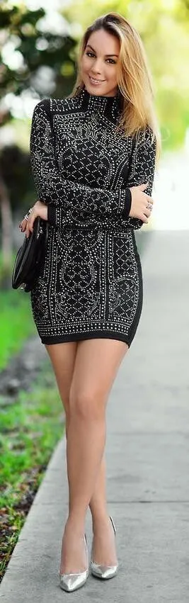 Crystal High Neck Long Sleeve Short Bodycon Dress