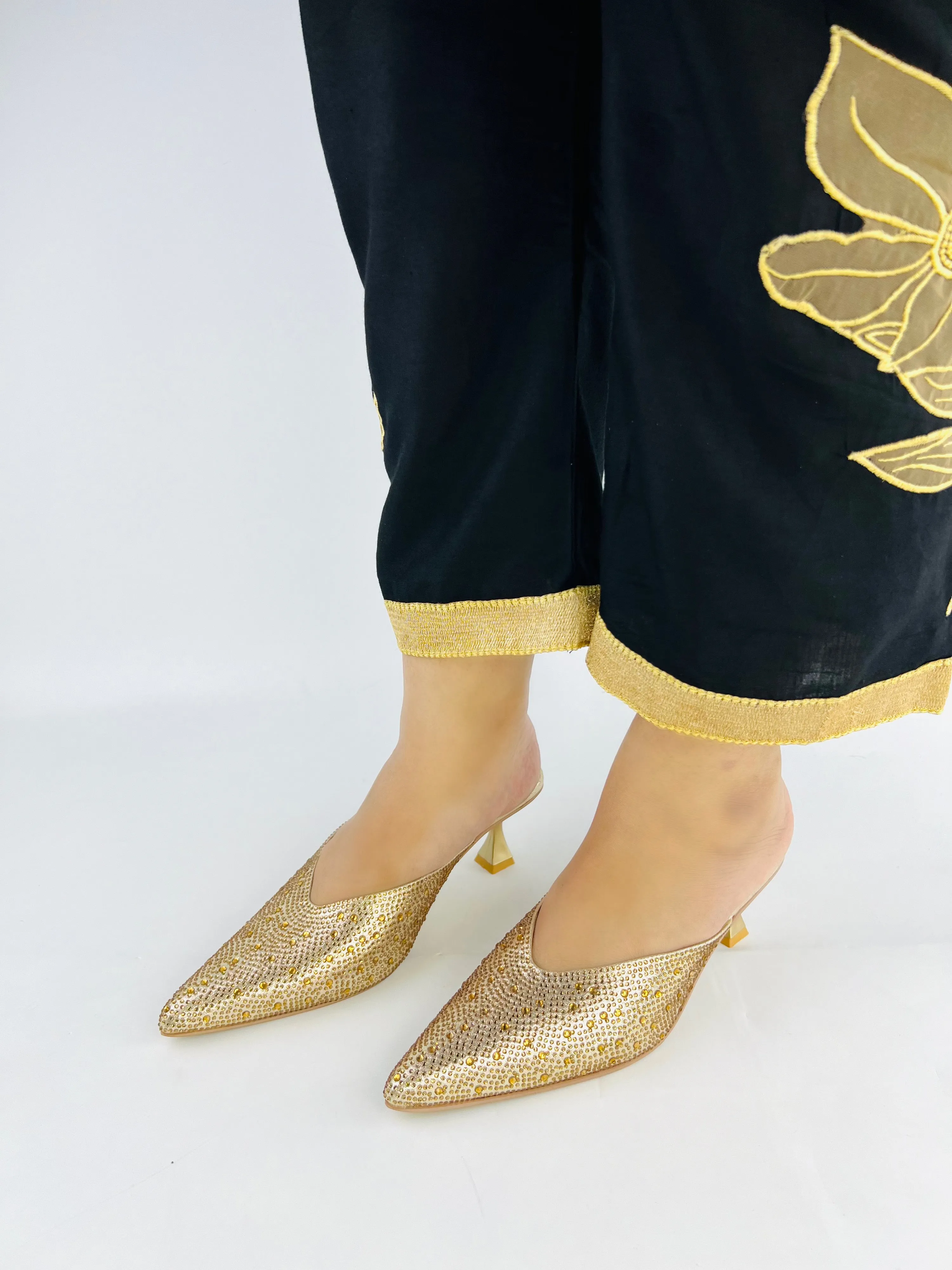 Crystal Sequins Gold Embellished Pointed Shallow Diamond Suede Mules