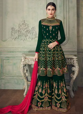 Dark Green And Pink Ethnic Embroidered Anarkali Gharara Suit