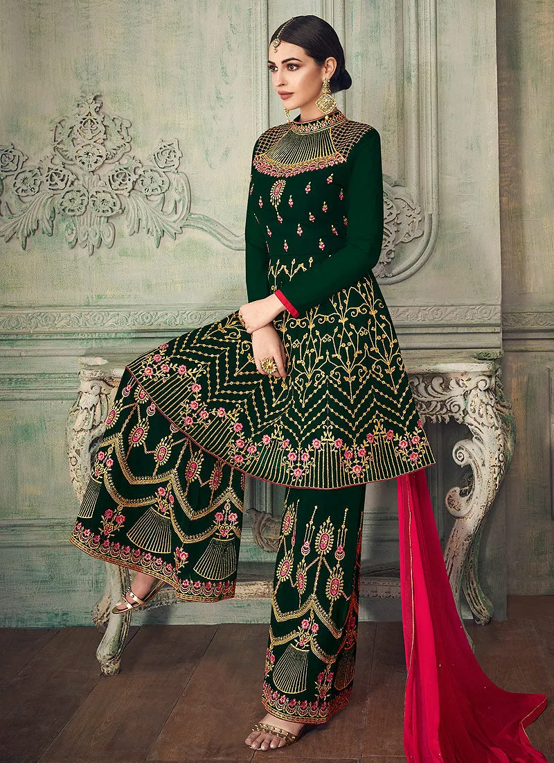Dark Green And Pink Ethnic Embroidered Anarkali Gharara Suit