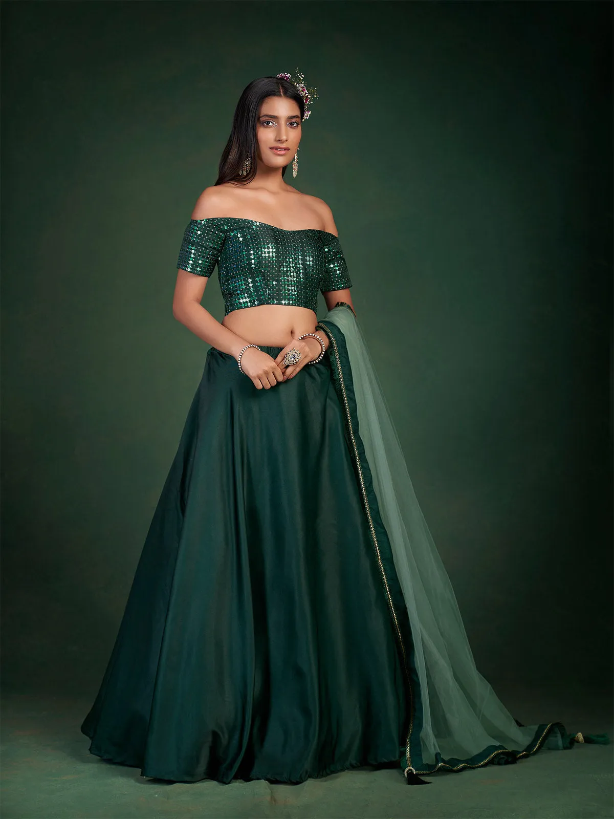 Dark Green Embroidered Festive Semi Stitched Lehenga With  Unstitched Blouse