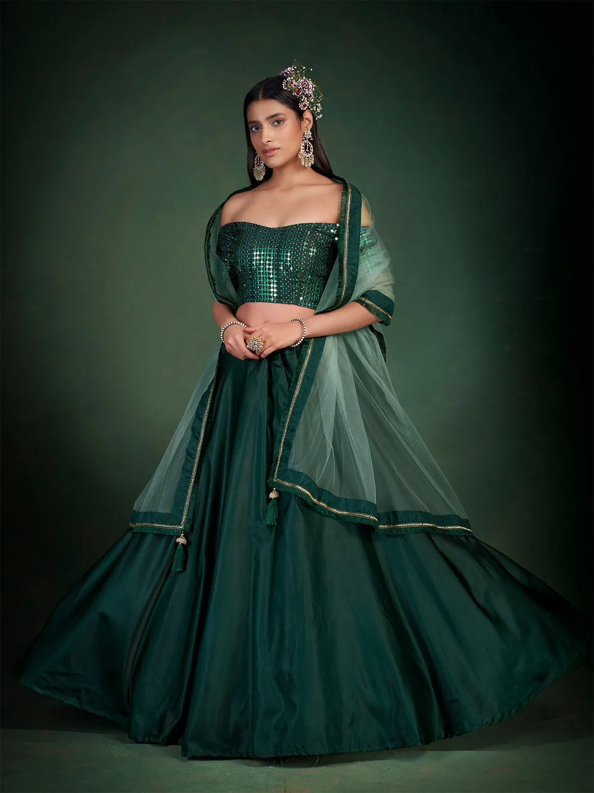 Dark Green Embroidered Festive Semi Stitched Lehenga With  Unstitched Blouse