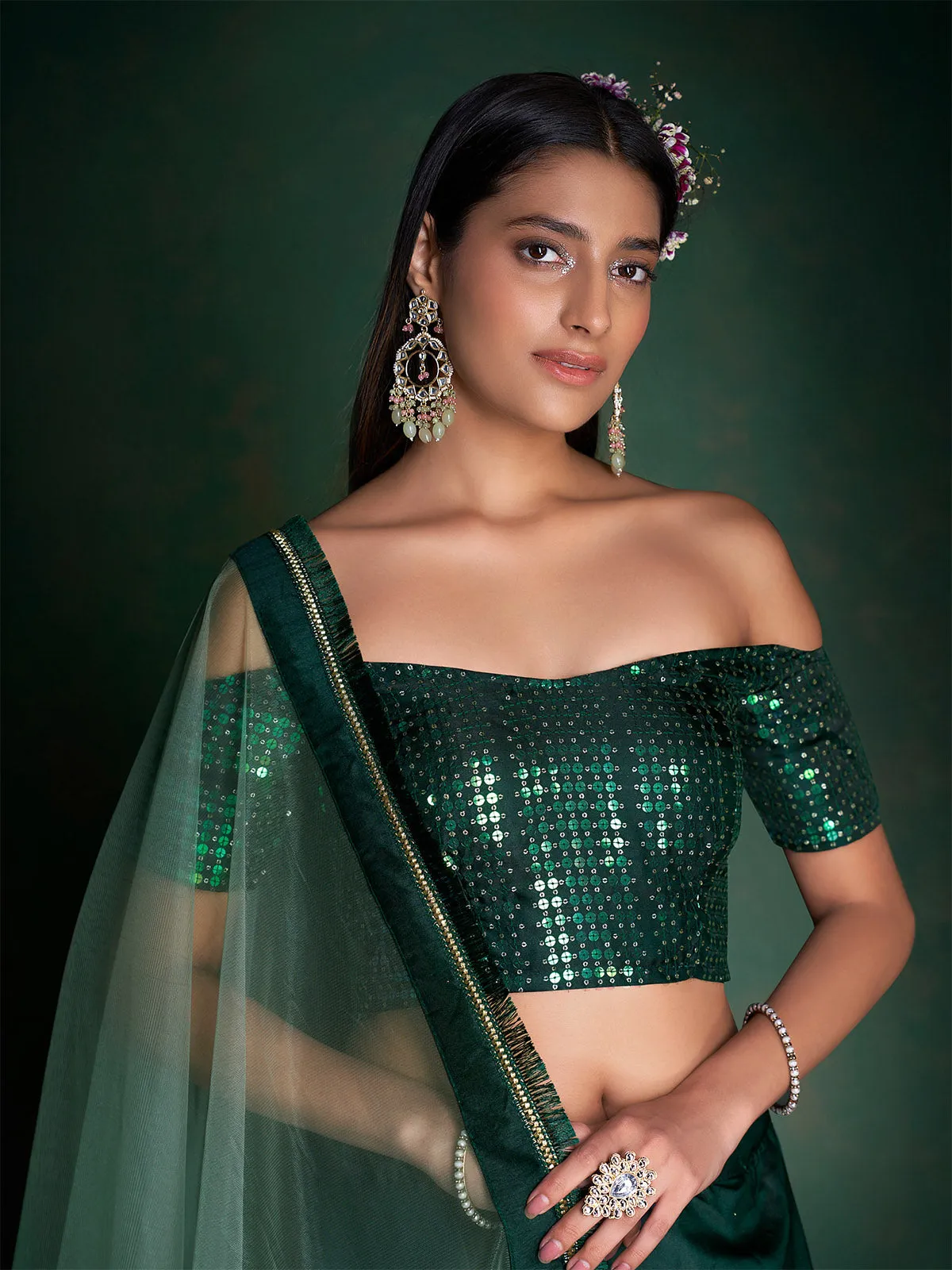 Dark Green Embroidered Festive Semi Stitched Lehenga With  Unstitched Blouse