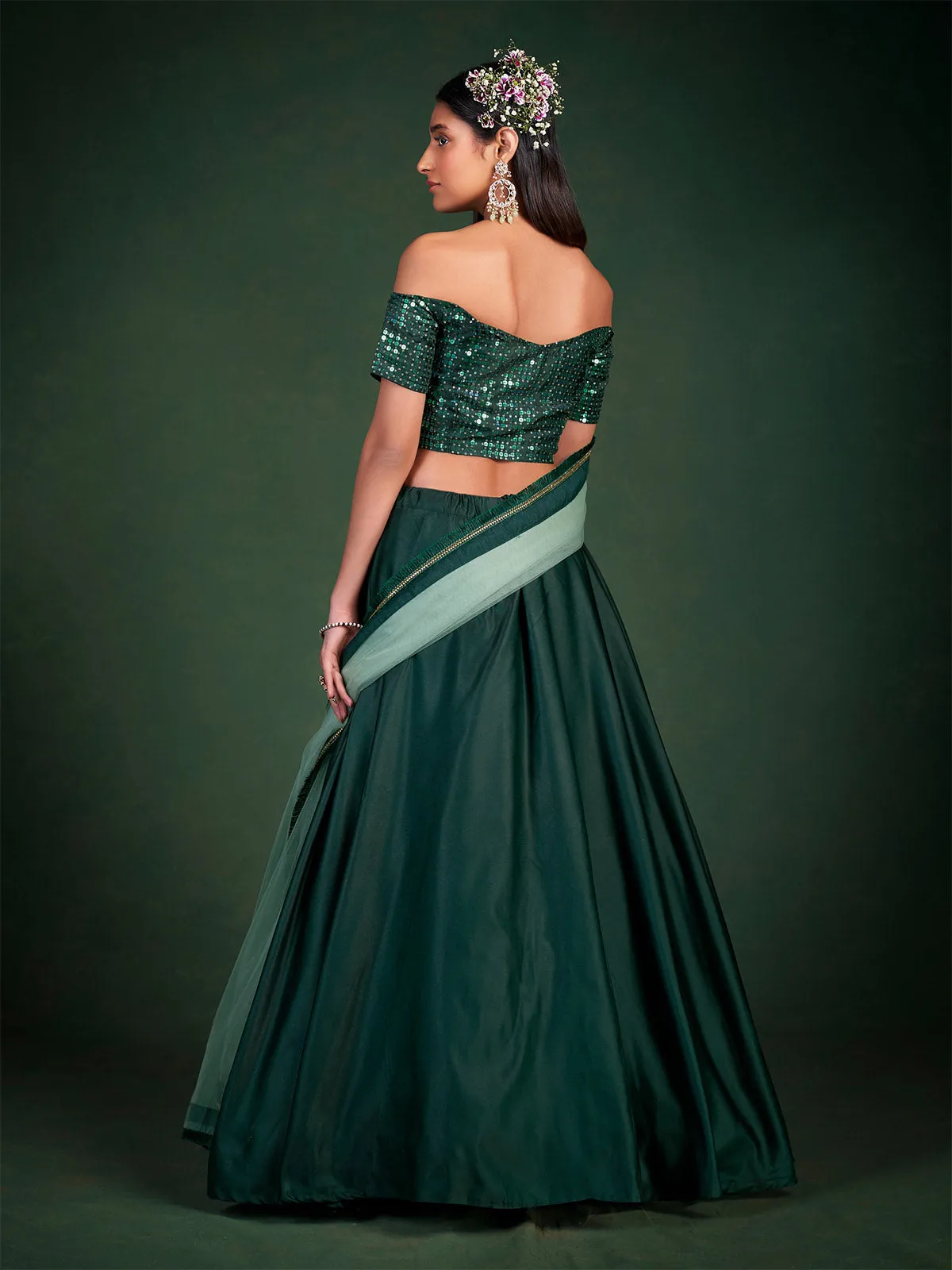 Dark Green Embroidered Festive Semi Stitched Lehenga With  Unstitched Blouse