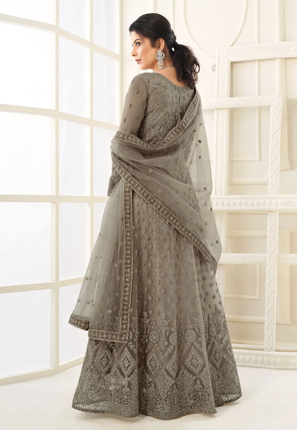 Deep Olive Embroidered Wedding Anarkali Suit