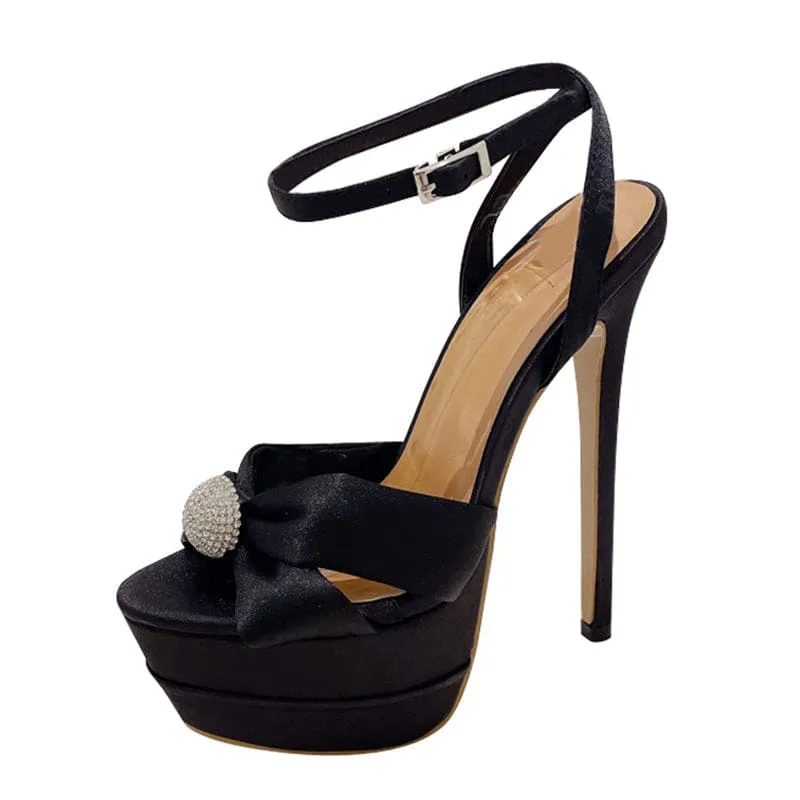 Elegant Black Peep Toe High Heel Platform Sandals with Bow Detail