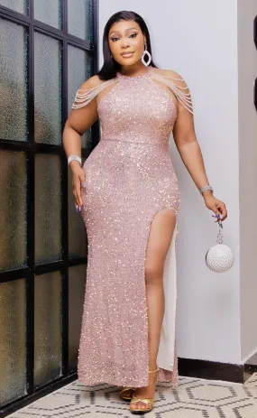 Elissa Luxe- High Slit Beaded/Sequin Long/Floor Length Dress (New)