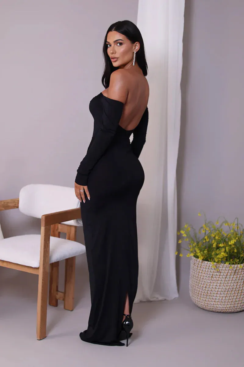 Glam Crystal Ruched Off-Shoulder Maxi Dress