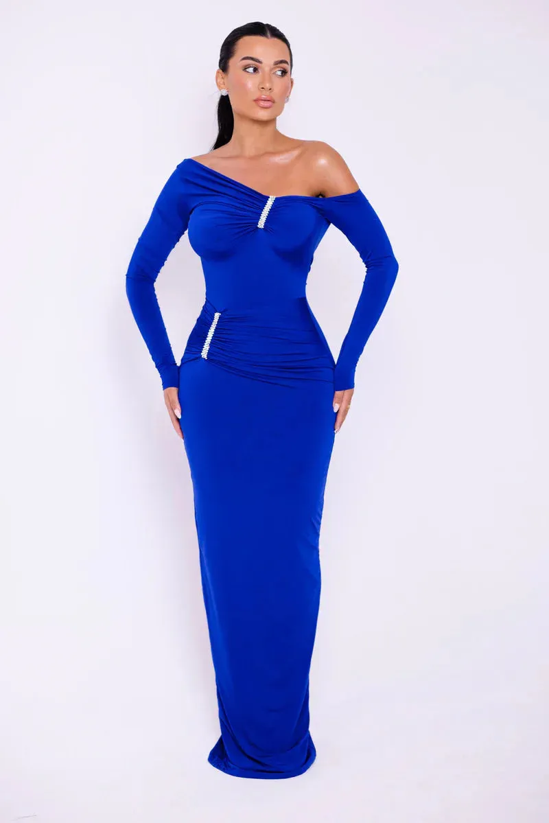 Glam Crystal Ruched Off-Shoulder Maxi Dress
