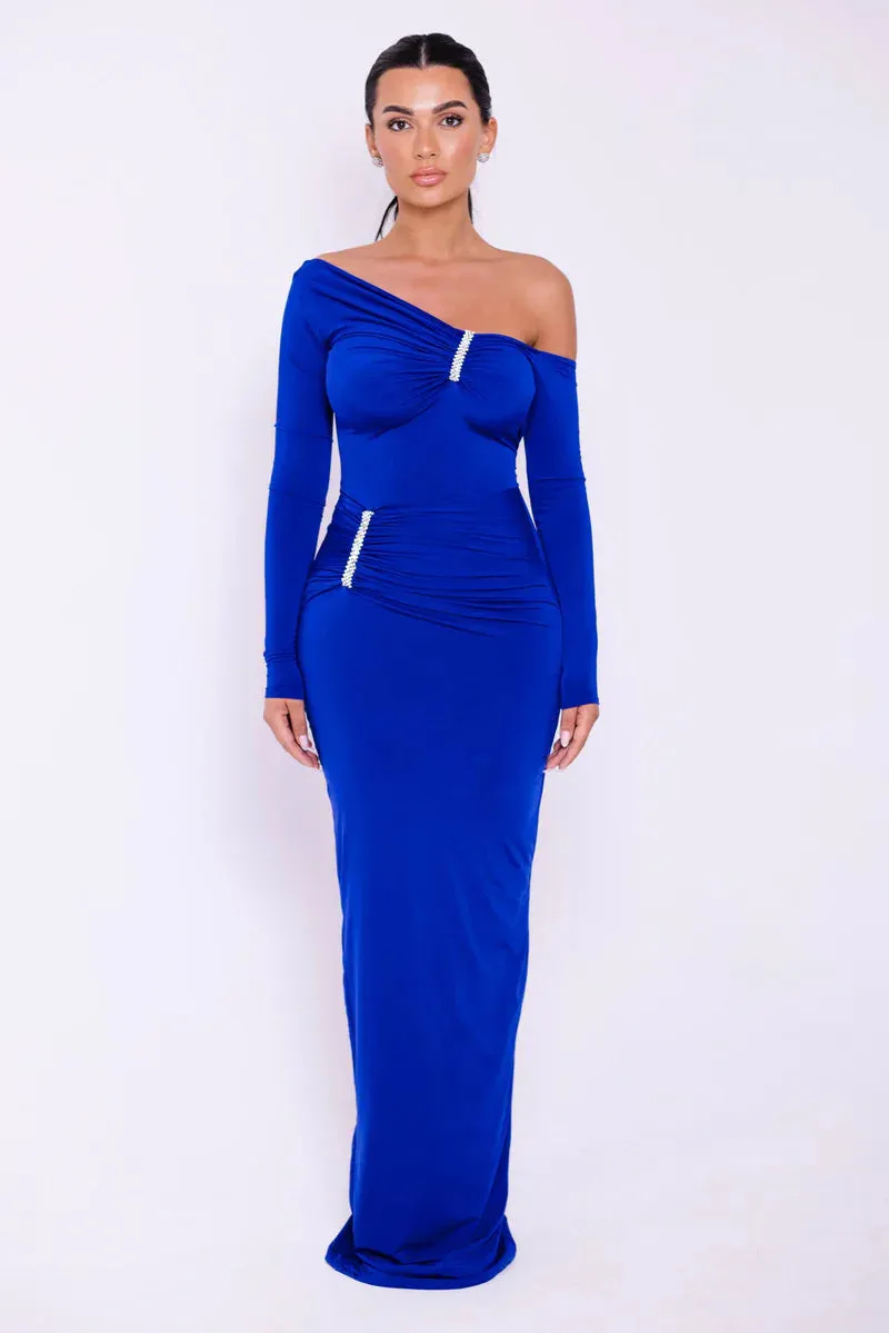 Glam Crystal Ruched Off-Shoulder Maxi Dress