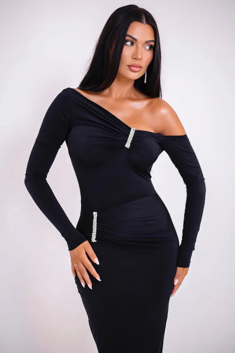 Glam Crystal Ruched Off-Shoulder Maxi Dress
