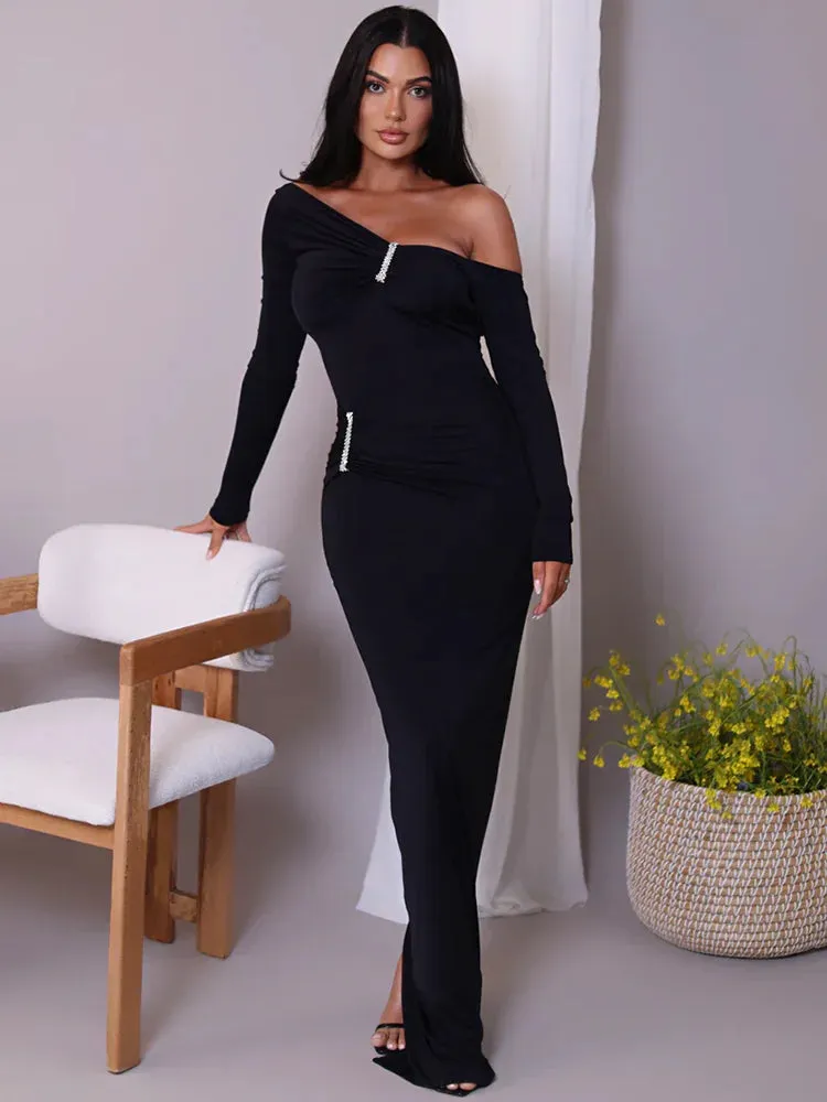 Glam Crystal Ruched Off-Shoulder Maxi Dress
