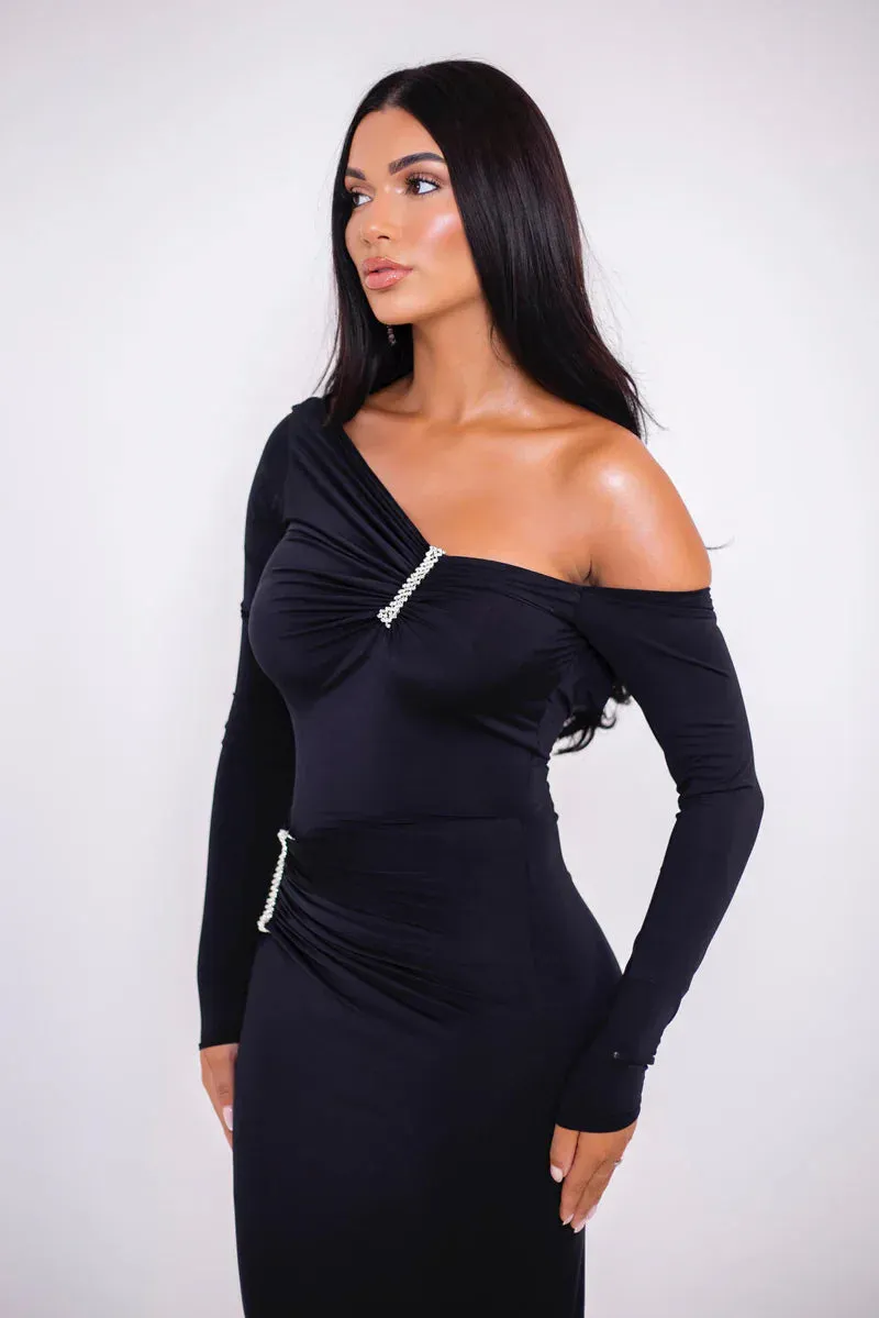 Glam Crystal Ruched Off-Shoulder Maxi Dress