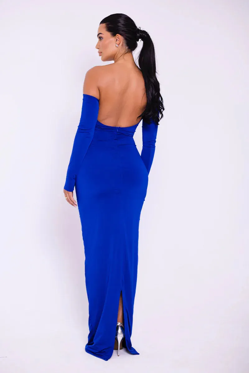 Glam Crystal Ruched Off-Shoulder Maxi Dress