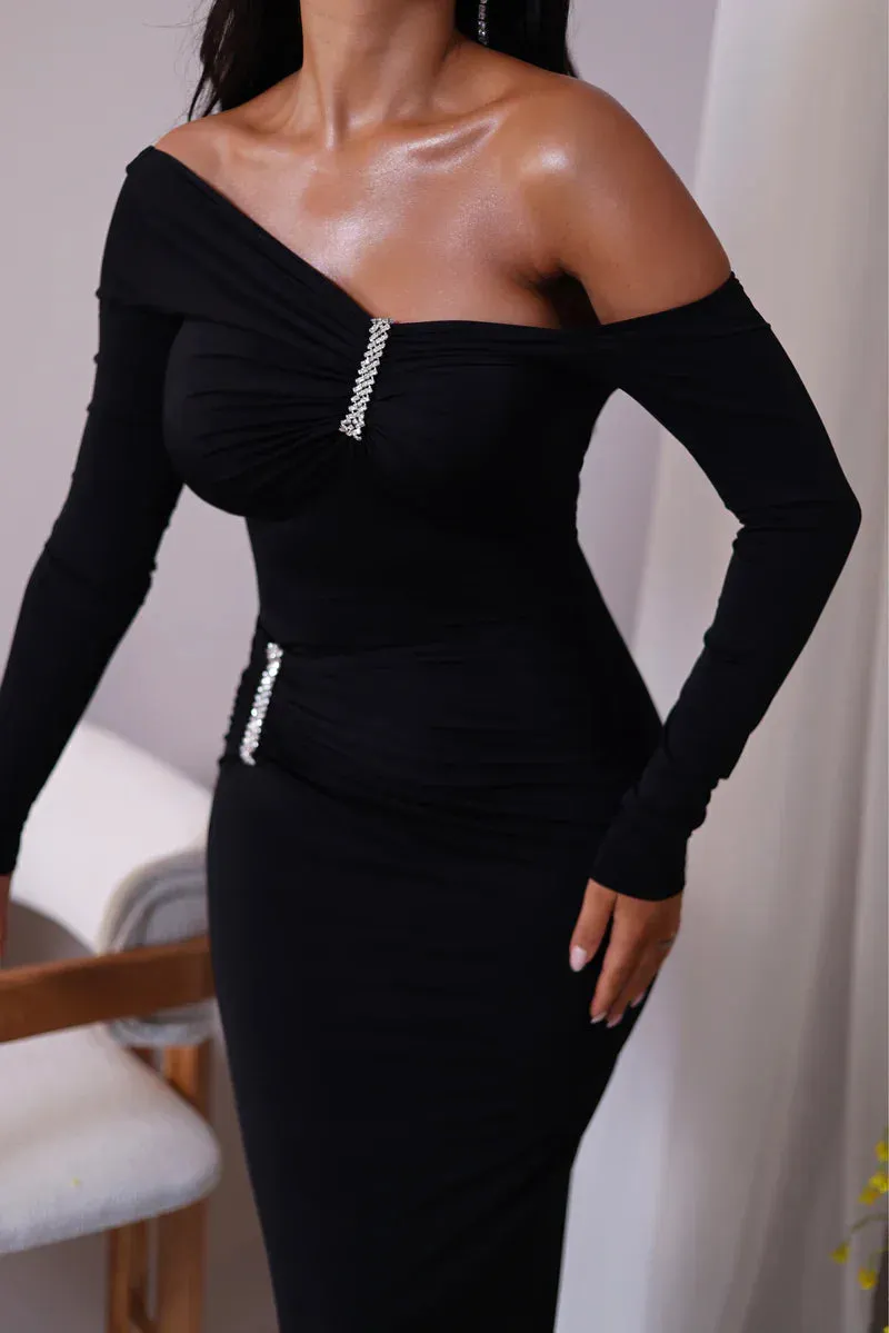 Glam Crystal Ruched Off-Shoulder Maxi Dress
