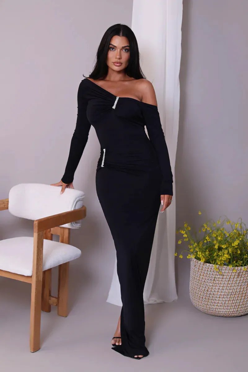 Glam Crystal Ruched Off-Shoulder Maxi Dress