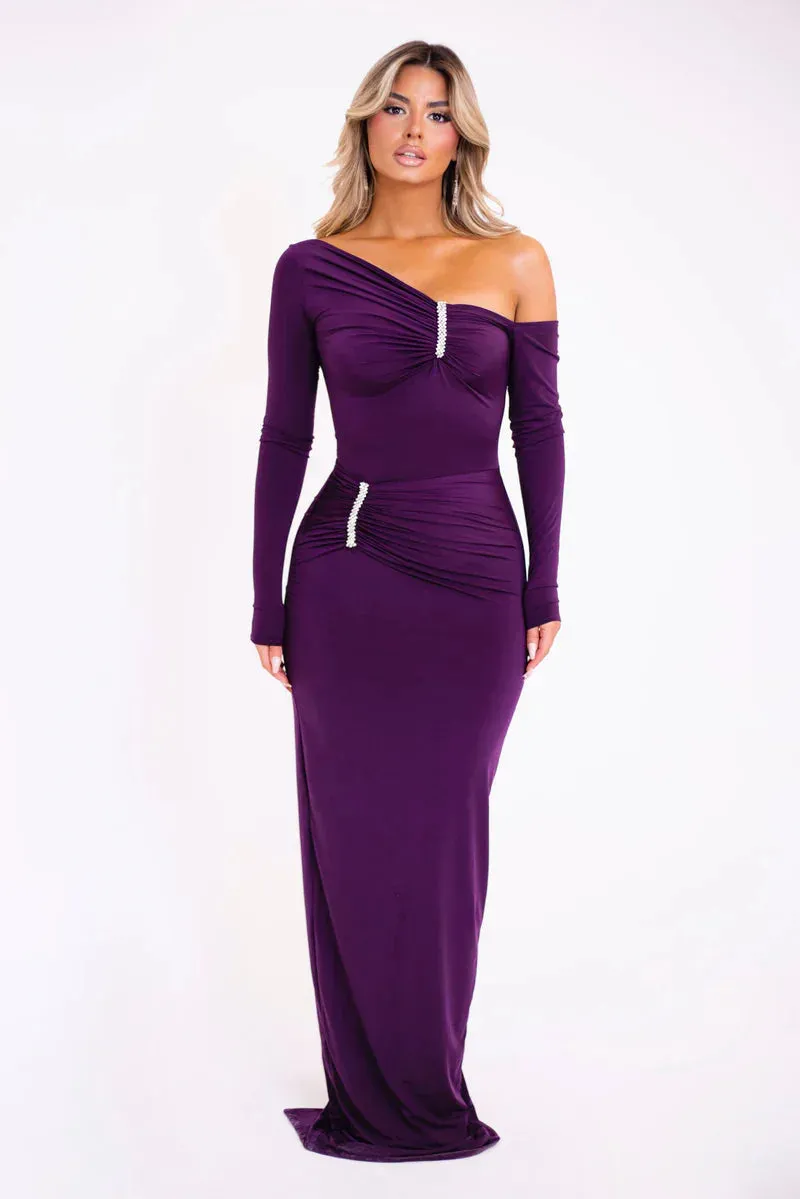 Glam Crystal Ruched Off-Shoulder Maxi Dress