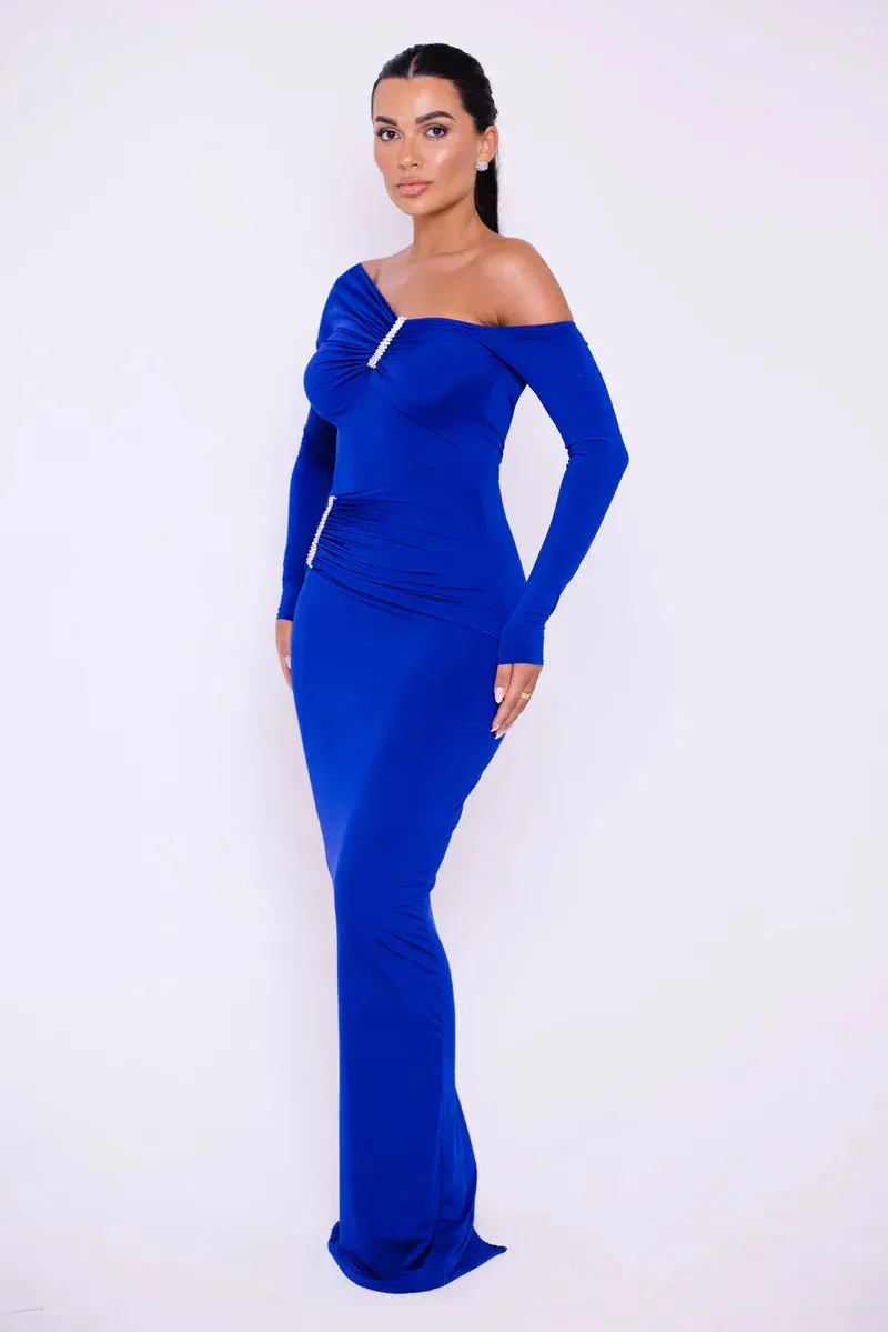Glam Crystal Ruched Off-Shoulder Maxi Dress