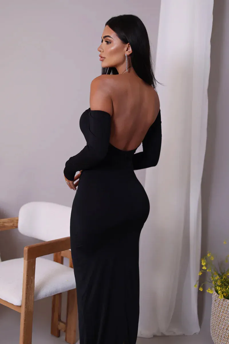 Glam Crystal Ruched Off-Shoulder Maxi Dress