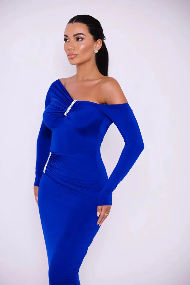 Glam Crystal Ruched Off-Shoulder Maxi Dress