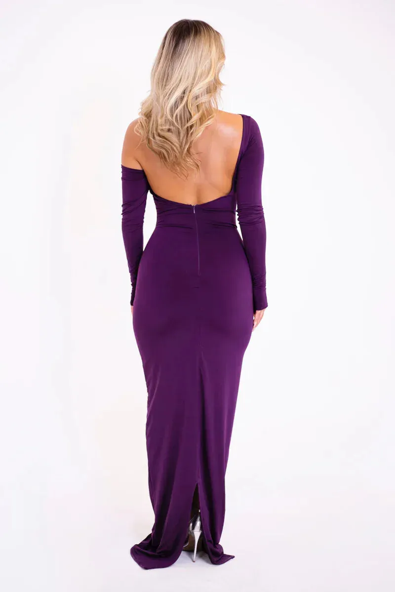 Glam Crystal Ruched Off-Shoulder Maxi Dress