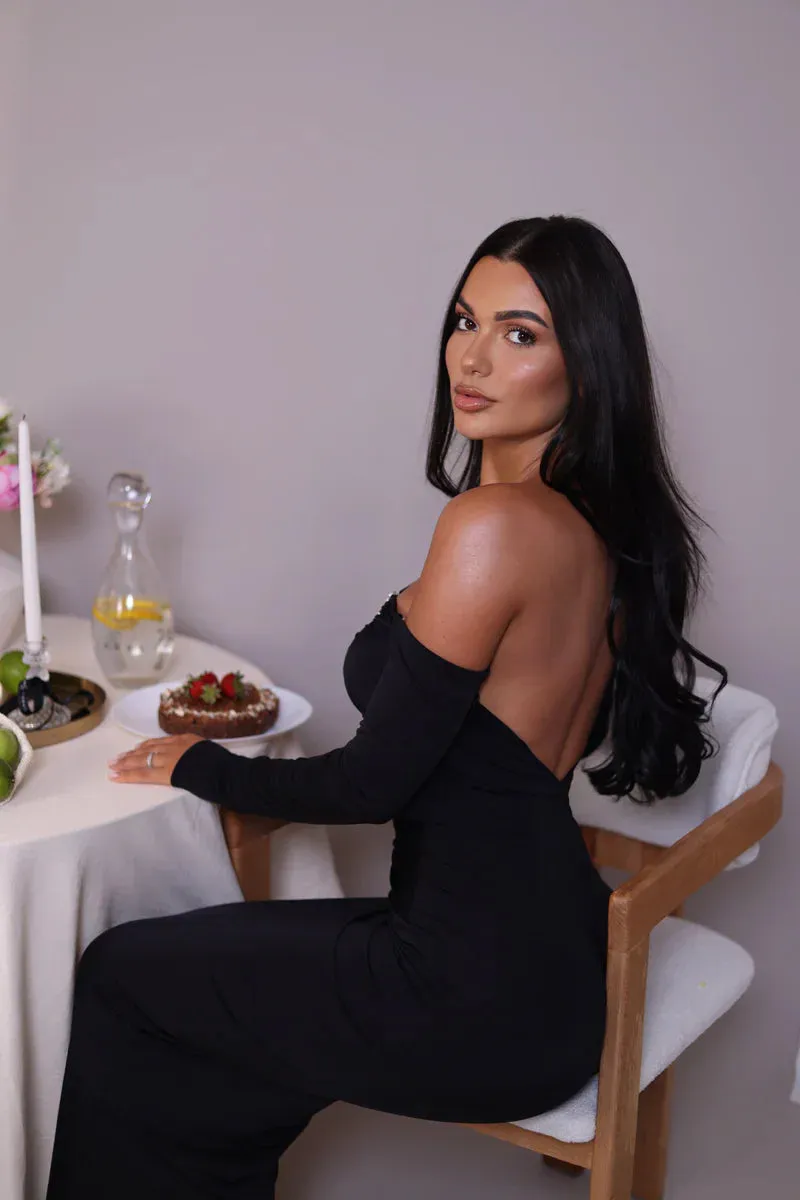 Glam Crystal Ruched Off-Shoulder Maxi Dress