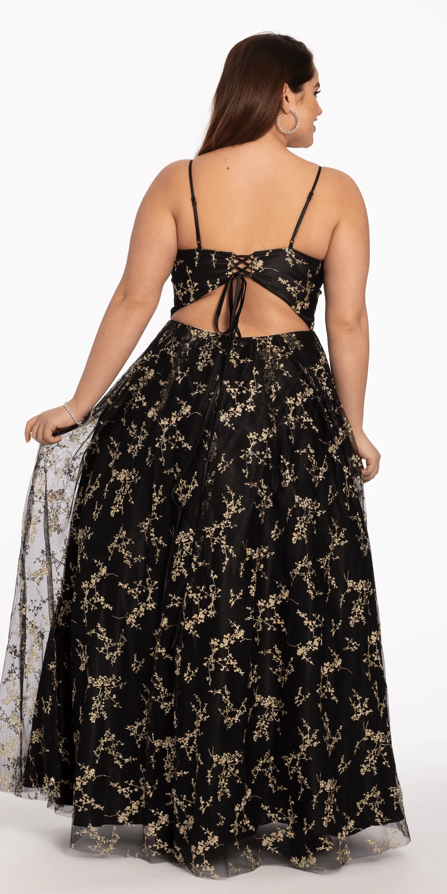 Glitter Plunging Lace Up Back Ballgown