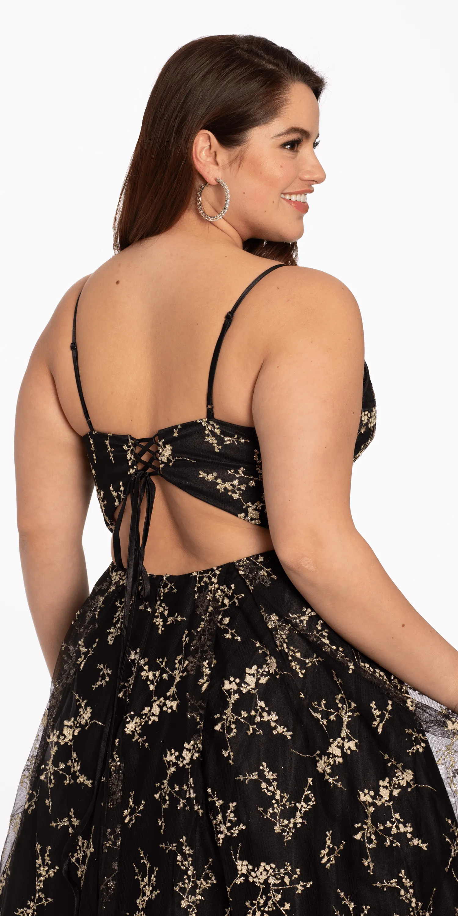 Glitter Plunging Lace Up Back Ballgown