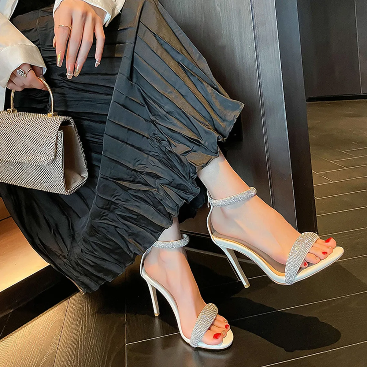 Glitter Rhinestone Strappy Sandals Stiletto High Heels with Ankle Strap