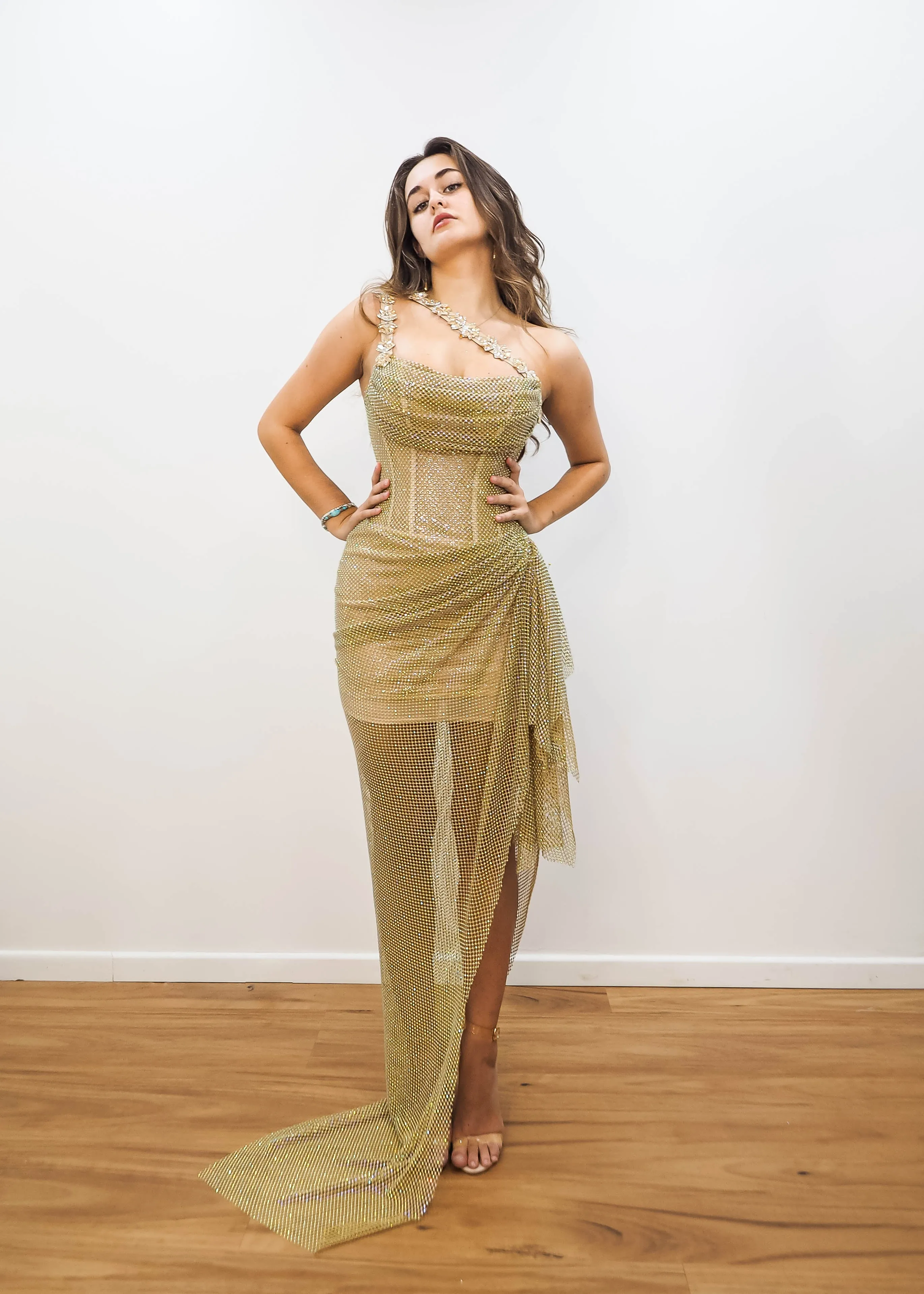 Gold mesh ruching top with lace up back dress with crystal gold strap details
