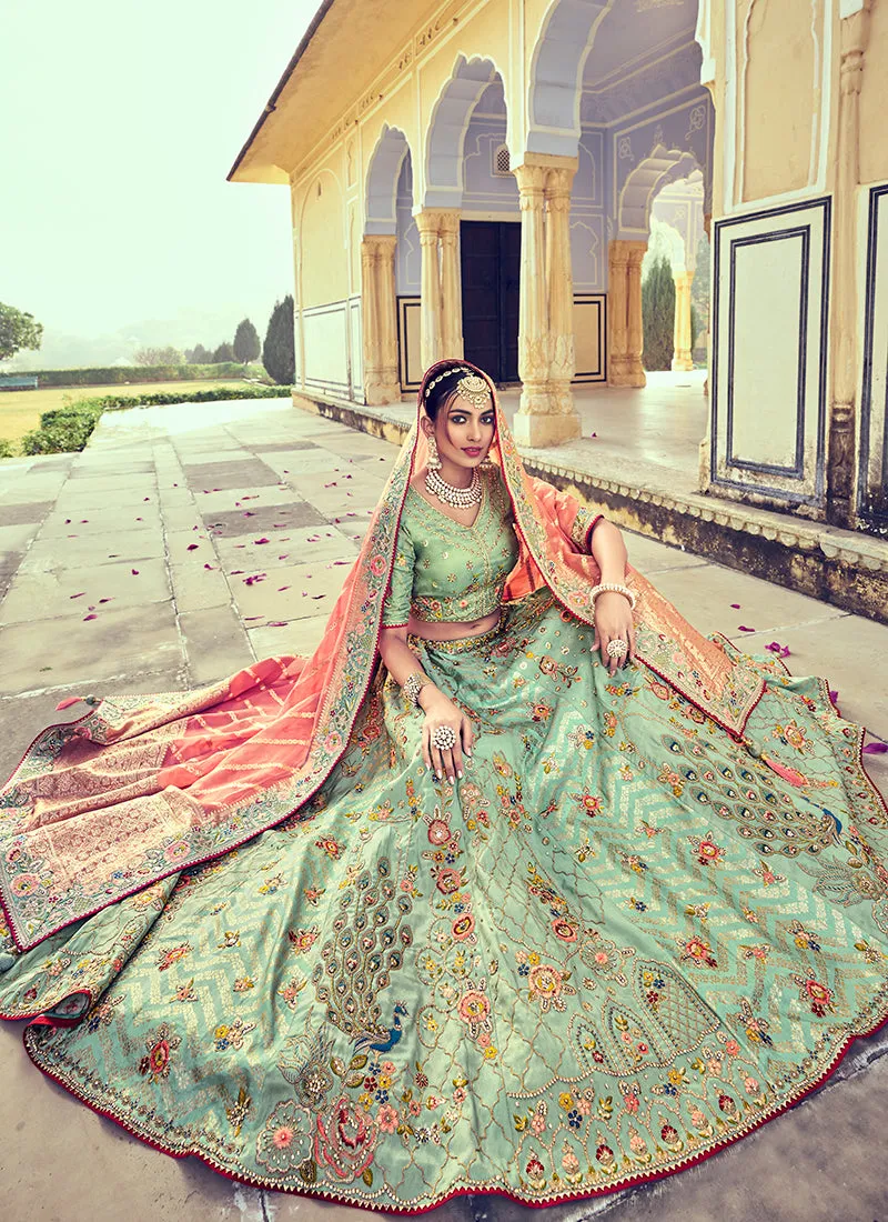Green And Peach Multi Embroidery Wedding Lehenga Choli