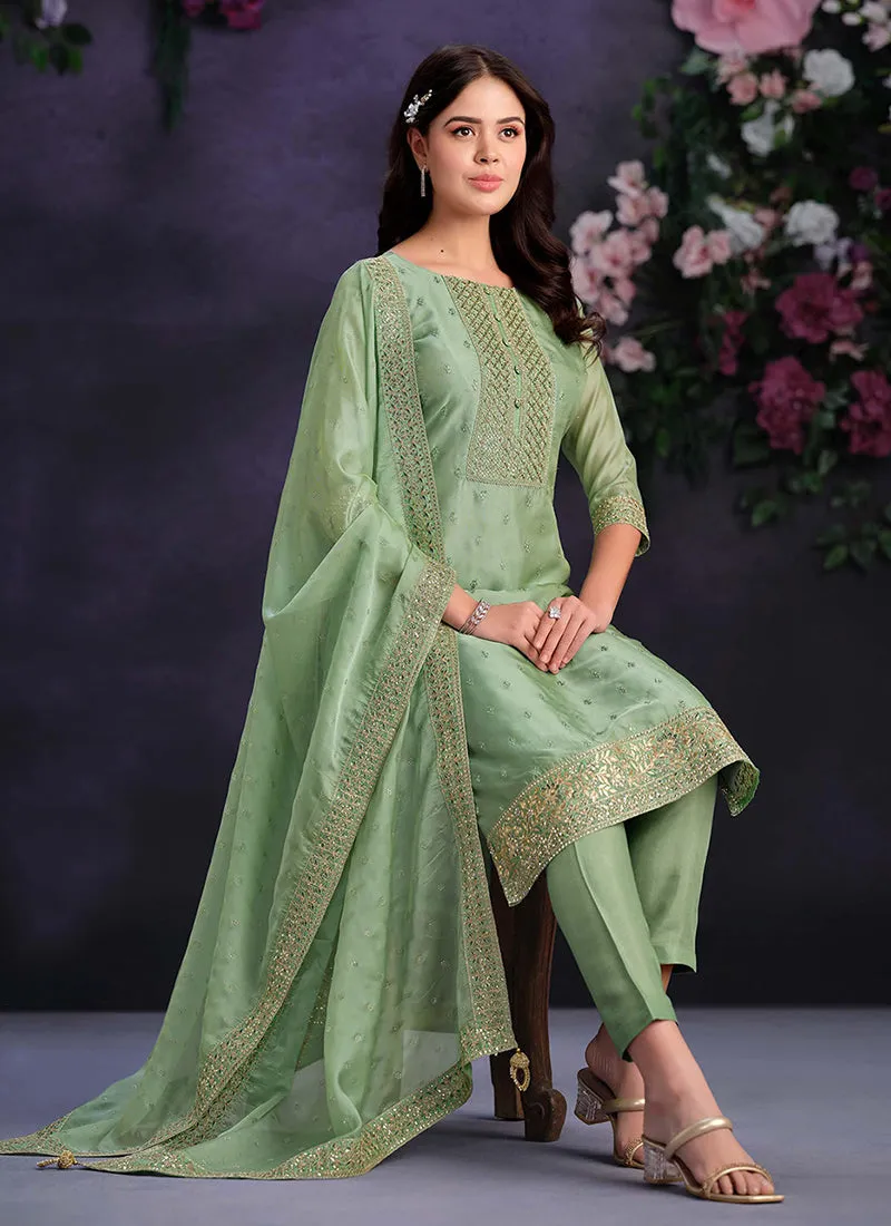 Green Designer Embroidery Pakistani Pant Suit