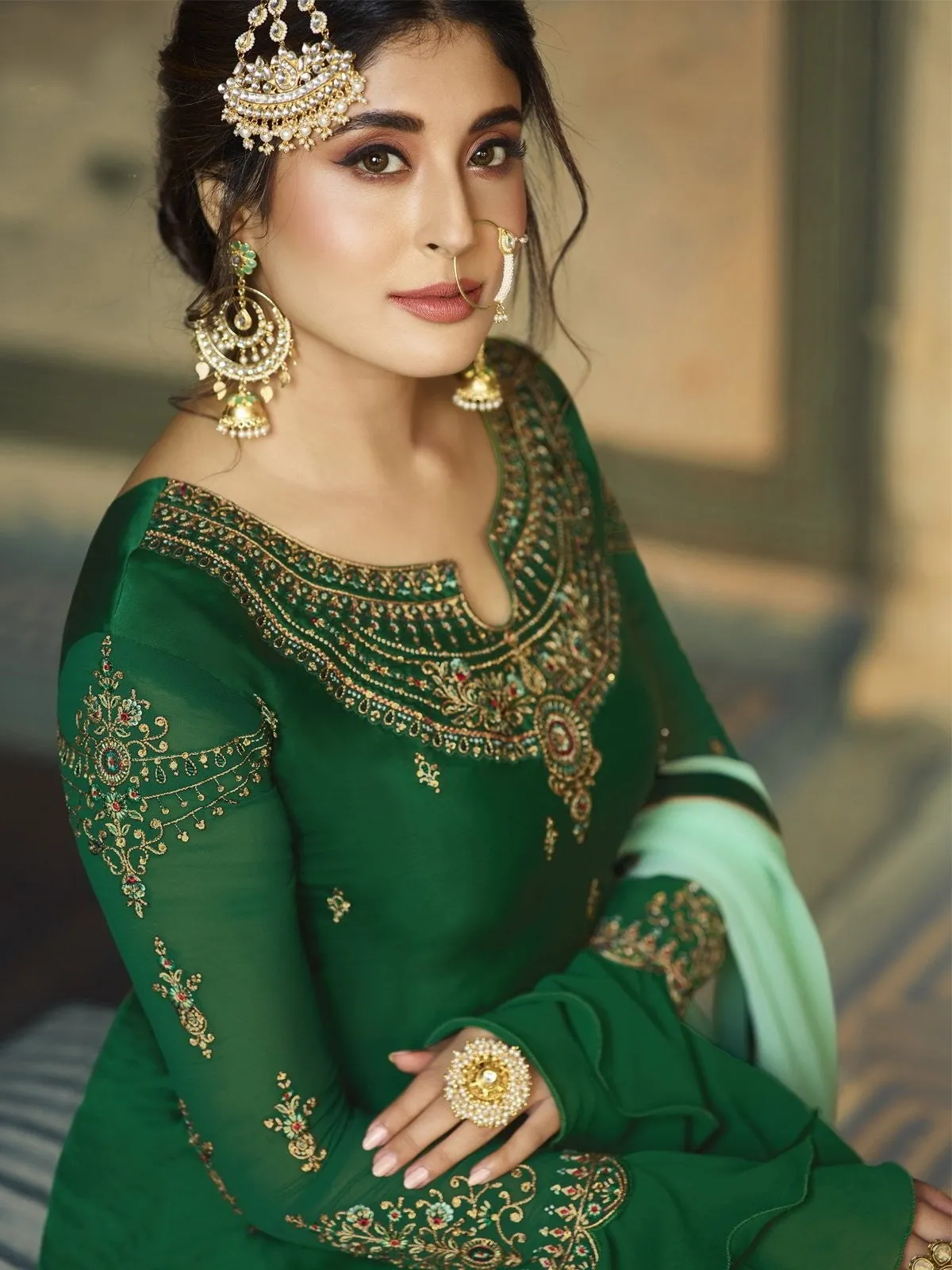 Green Dual Tone Ethnic Embroidered Sharara Suit