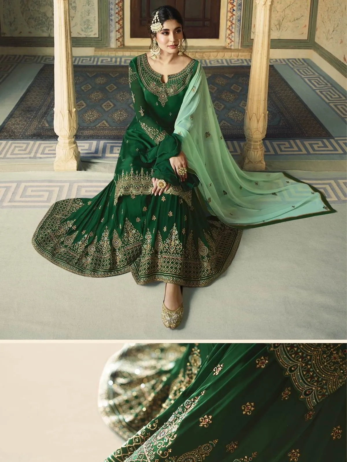 Green Dual Tone Ethnic Embroidered Sharara Suit