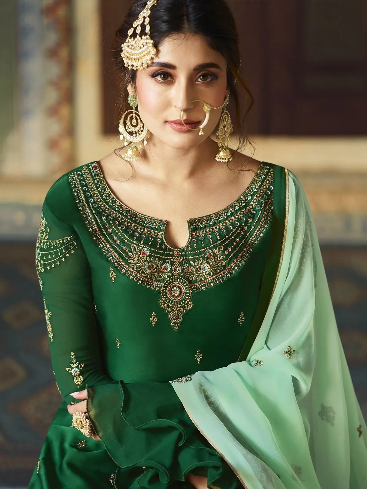 Green Dual Tone Ethnic Embroidered Sharara Suit