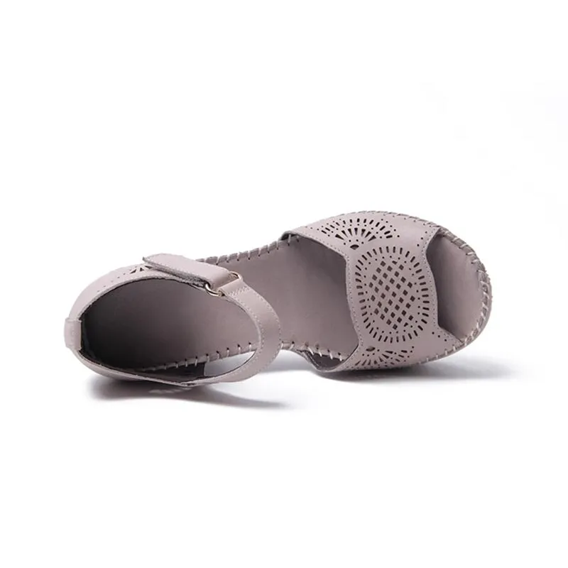 Handmade Leather Wedges Sandals Ankle Strap perforated Upper Peep Toe in Black/Pink