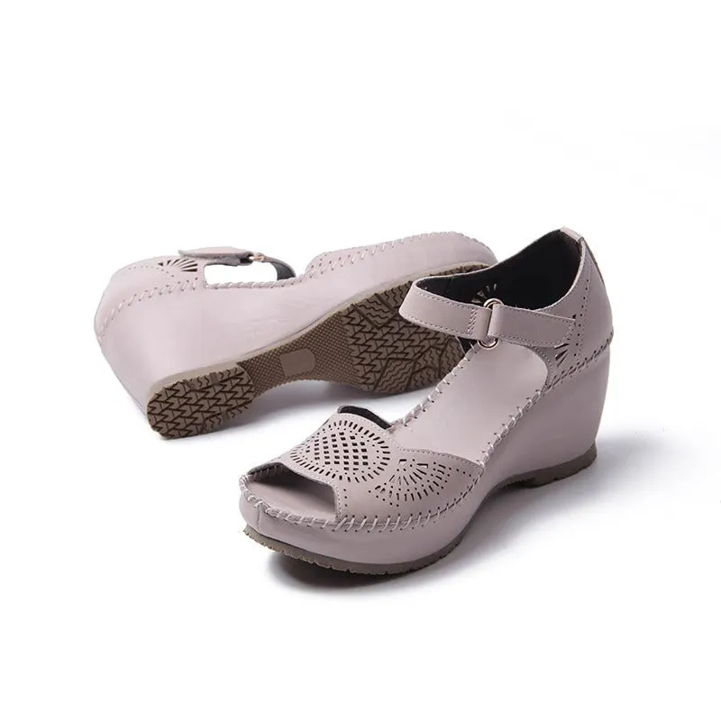 Handmade Leather Wedges Sandals Ankle Strap perforated Upper Peep Toe in Black/Pink