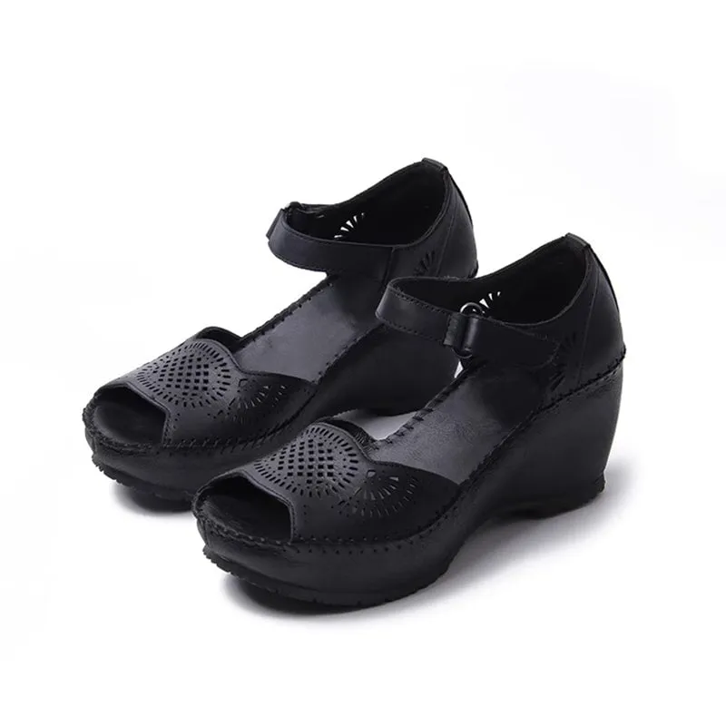 Handmade Leather Wedges Sandals Ankle Strap perforated Upper Peep Toe in Black/Pink