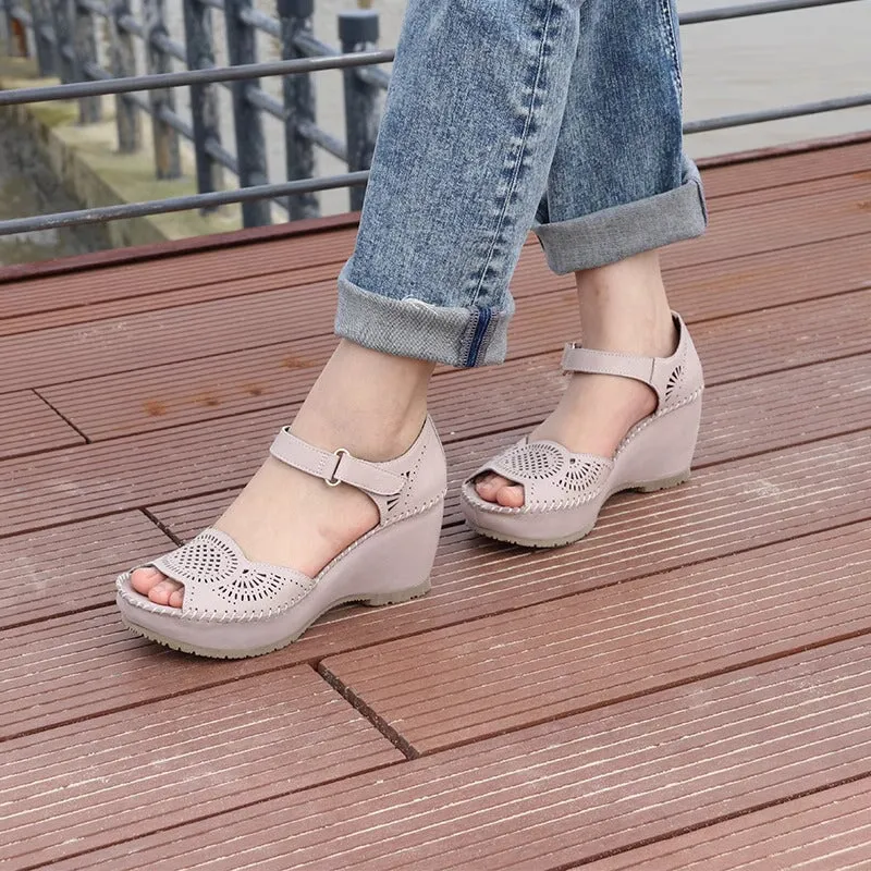 Handmade Leather Wedges Sandals Ankle Strap perforated Upper Peep Toe in Black/Pink