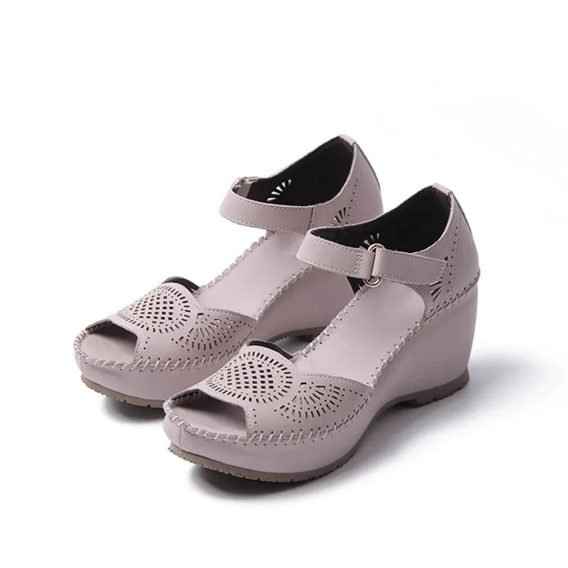 Handmade Leather Wedges Sandals Ankle Strap perforated Upper Peep Toe in Black/Pink