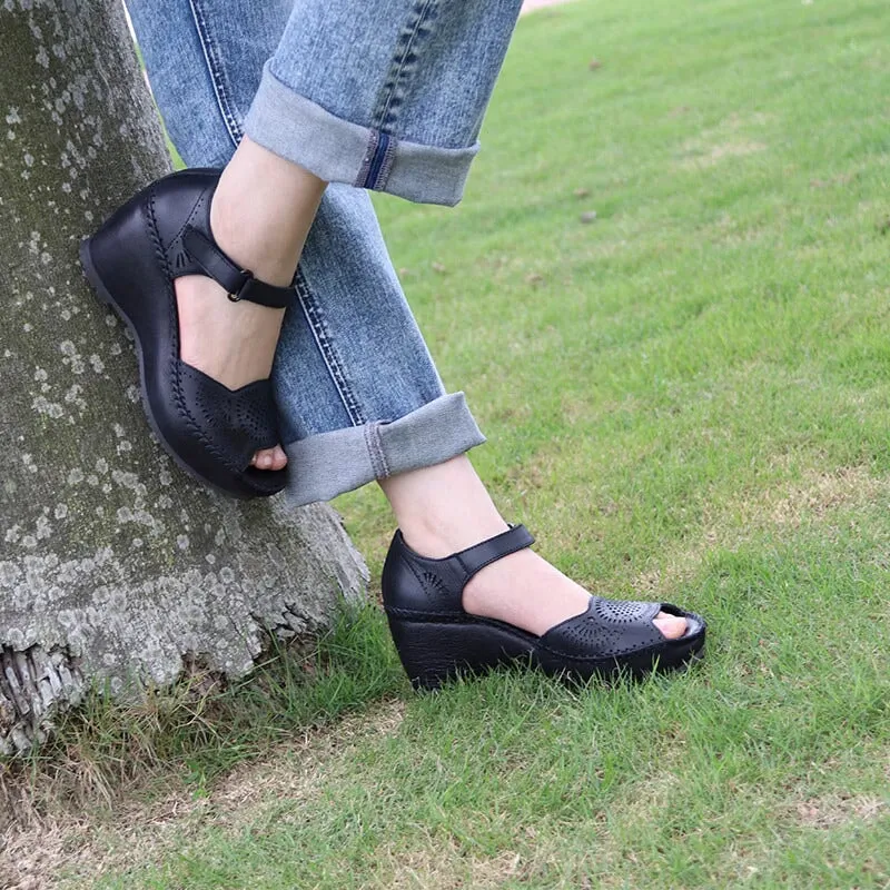 Handmade Leather Wedges Sandals Ankle Strap perforated Upper Peep Toe in Black/Pink