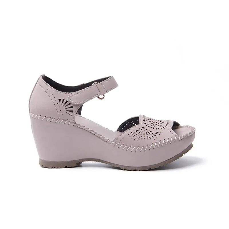 Handmade Leather Wedges Sandals Ankle Strap perforated Upper Peep Toe in Black/Pink