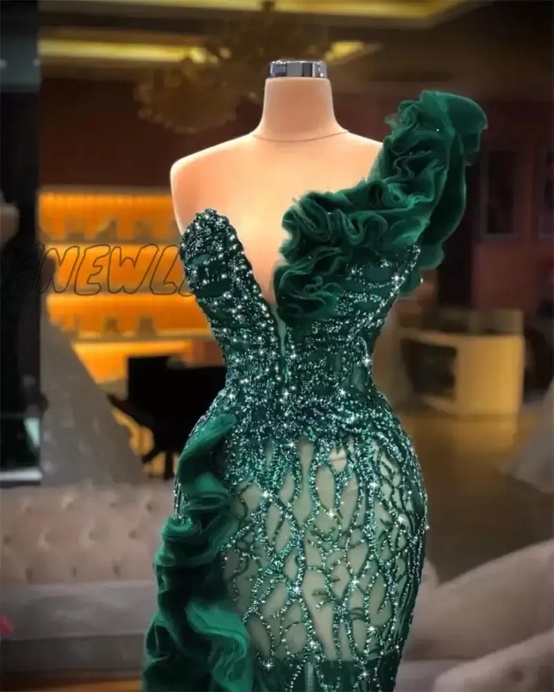 Hnewly Luxury Evening Dresses Fashion Design Side Split Ruffles Tulle Mermaid Prom Dress Glitter Sequins Beads Custom Made Chic Formal