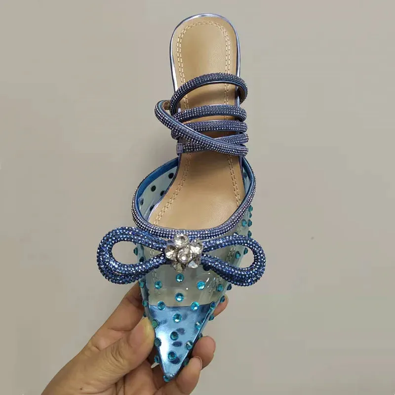 Hnzxzm Brand Luxury Crystal Sequined Bowknot Women Pumps Sexy Ankle Strap High heels Female Sandals Summer Fashion Wedding Prom Shoes