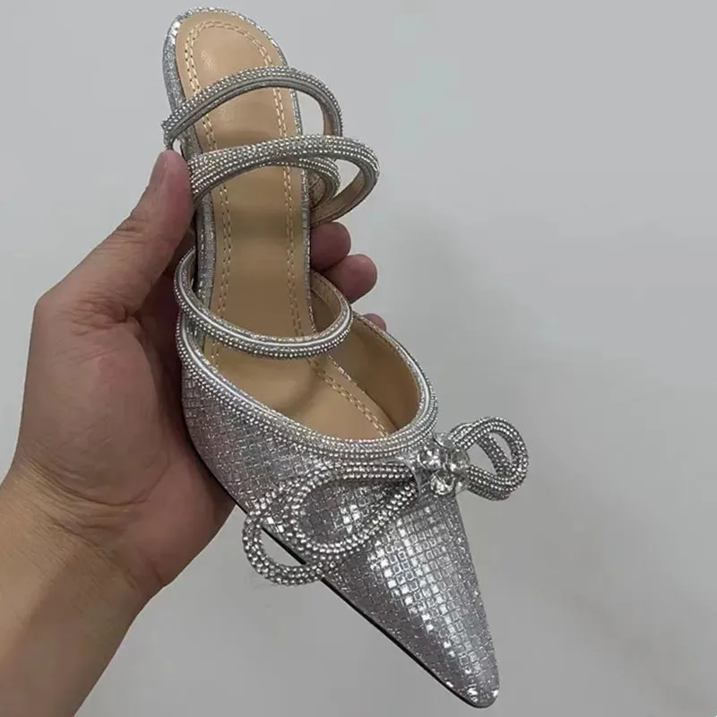 Hnzxzm Brand Luxury Crystal Sequined Bowknot Women Pumps Sexy Ankle Strap High heels Female Sandals Summer Fashion Wedding Prom Shoes
