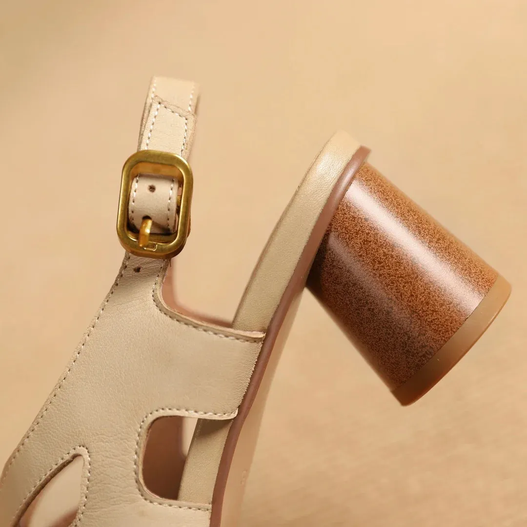 Hnzxzm Large Size 34-42 Women's Genuine Leather Narrow Band Cross Strap 5.5cm Round Heel Open Toe Summer Pumps Elegant Ladies Sandals