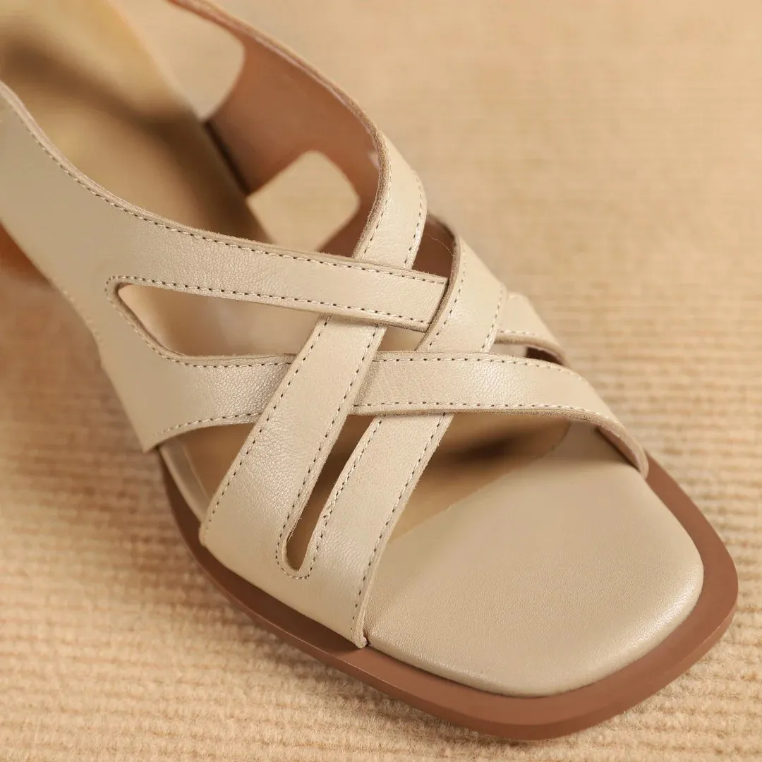 Hnzxzm Large Size 34-42 Women's Genuine Leather Narrow Band Cross Strap 5.5cm Round Heel Open Toe Summer Pumps Elegant Ladies Sandals