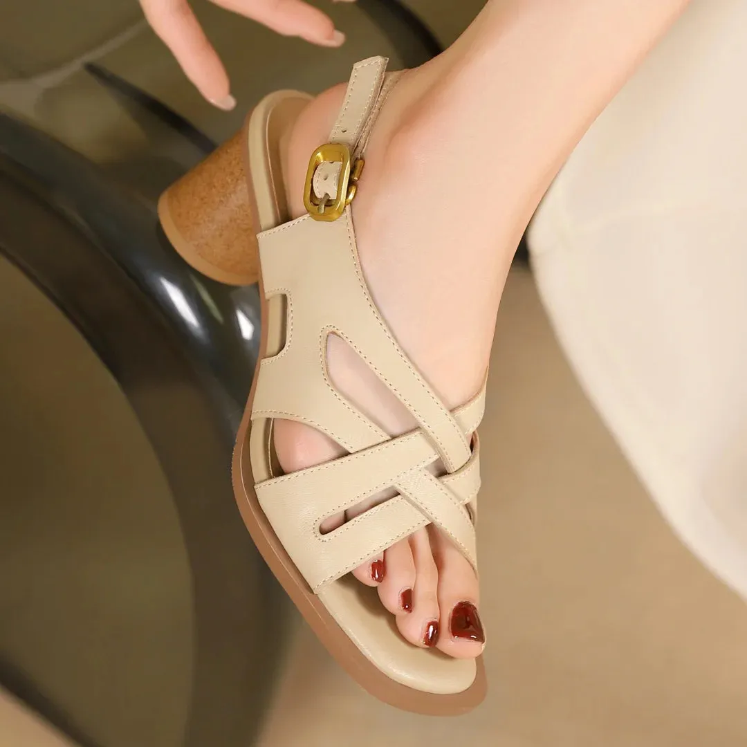 Hnzxzm Large Size 34-42 Women's Genuine Leather Narrow Band Cross Strap 5.5cm Round Heel Open Toe Summer Pumps Elegant Ladies Sandals