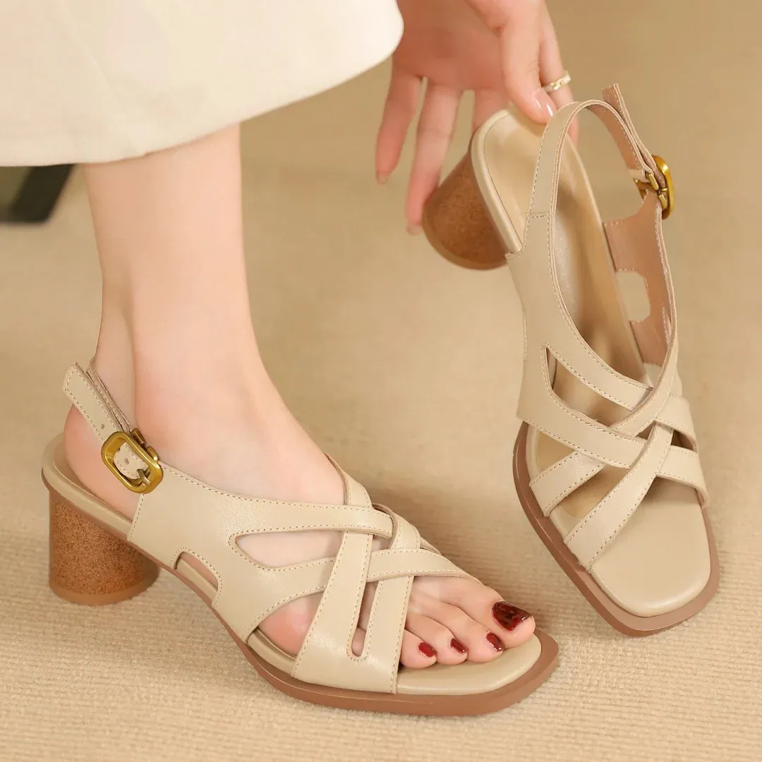 Hnzxzm Large Size 34-42 Women's Genuine Leather Narrow Band Cross Strap 5.5cm Round Heel Open Toe Summer Pumps Elegant Ladies Sandals