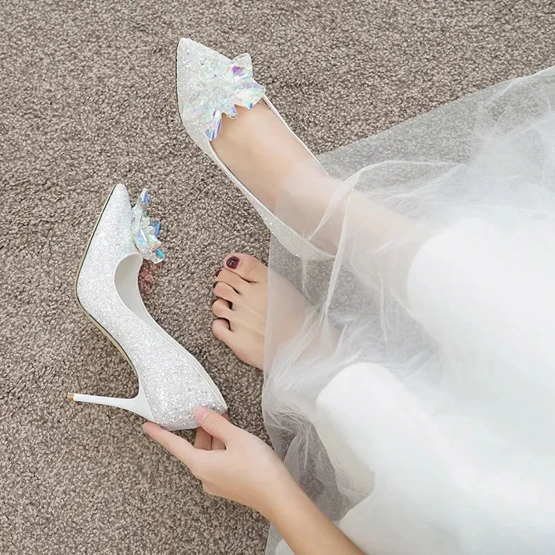 Hnzxzm Plus 33 34~43 Luxury Crystal Wedding Shoes for Women Pointed Toe Cinderella Rhinestone High Heels Sequin White Wedding Shoes